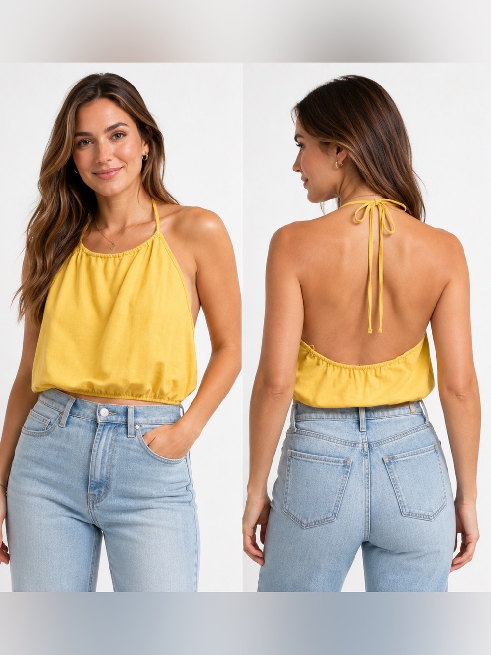 ZARA Mustard Tie‑Back Cropped Halter Top – Size Large